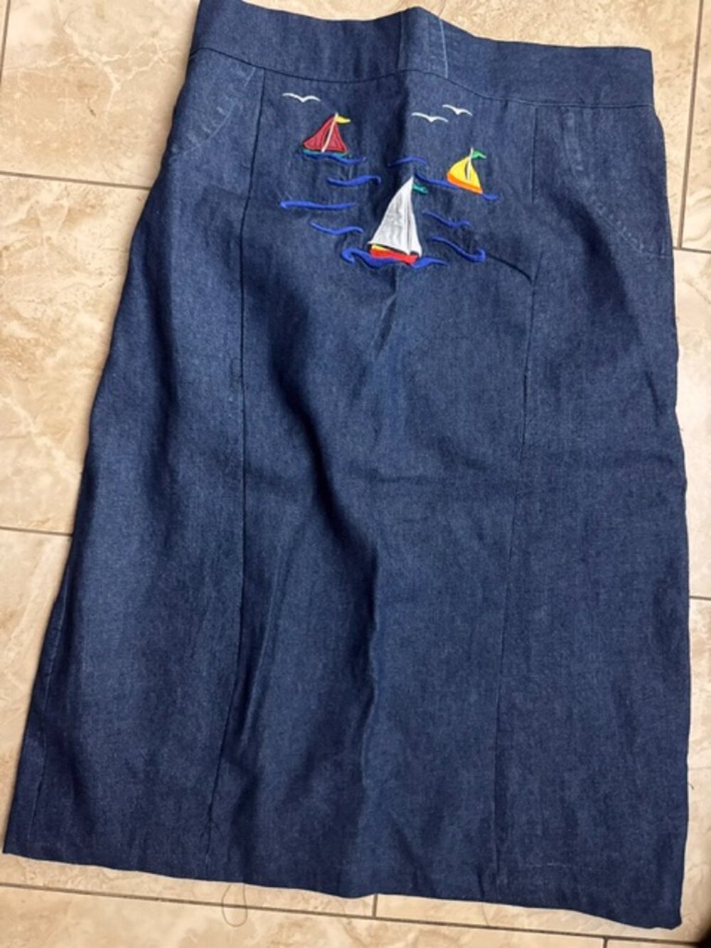 Blue Denim 1 Slit Back Opening 3 Sailboats on the Waterfront Contemporary Skirt